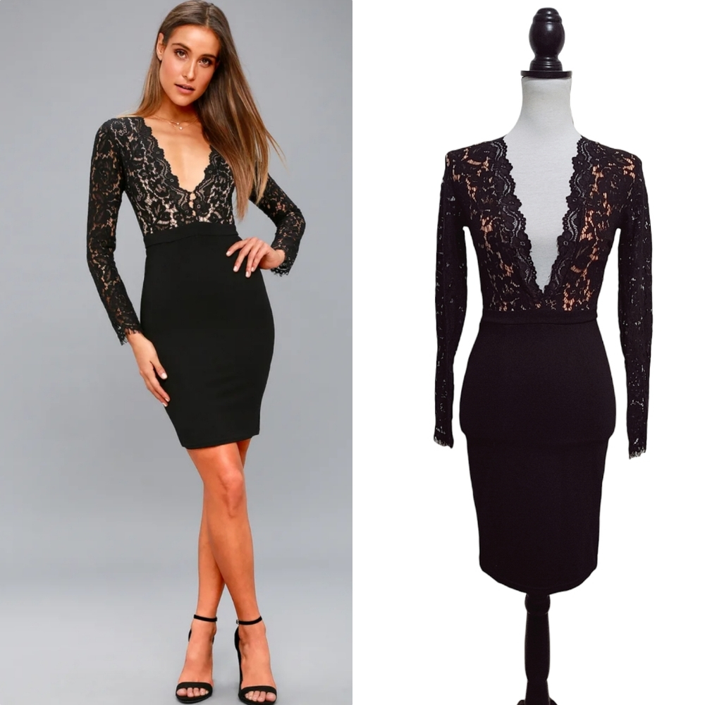 Lulus Swoon-er or Later Black Long Sleeve Lace Dress